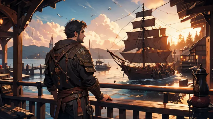 A medieval fantasy scene on the pier at sunset, featuring a young black-haired aged 20 in conversation with a 40-year-old red-haired fisherman. The setting includes a rugged wooden pier, mystical lighting, fantasy attire, intricate etching details, high co...