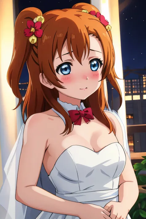 upper body, kousaka honoka, blue eyes, wedding dress,in party, night, blushing , hair ornaments