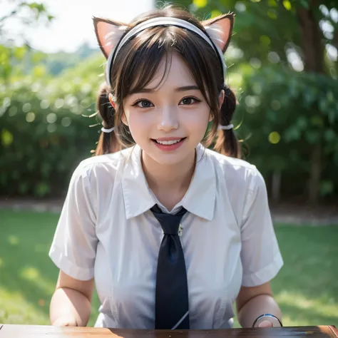 (masterpiece, best quality:1.4), (Realstic, photorealestic:1.37), from the front, (((POV))), bokeh, shallow depth of field, Japanese idol, high school student, skinny body, big tits, brown Shortcut Hair, twintails, ribbon tie, white Cat ear headband, big l...