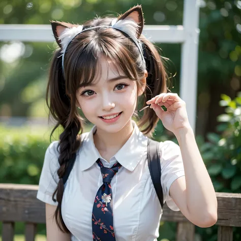 (masterpiece, best quality:1.4), (Realstic, photorealestic:1.37), from the front, (((POV))), bokeh, shallow depth of field, Japanese idol, high school student, skinny body, big tits, brown Shortcut Hair, twintails, ribbon tie, white Cat ear headband, big l...