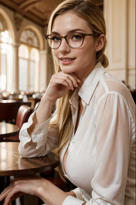 masterpiece, best quality, extremely detailed, hyperrealistic, photorealistic, a beautiful 20s french model, in a luxurious cafe, sitting at a table, coffee, white shirt:1.2, ultra detailed face, high ponytail, blonde hair, pale skin, busty breasts, smilin...