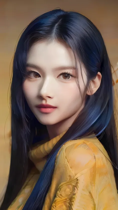 A closeup of a woman with long black hair wearing a yellow sweater, retrato suave 8 k, realista. ChengYi, kawaii realista portrait, Renderizado de retratos en 8k, inspirado en Yanjun Cheng, muchacha coreana, hermoso retrato de cara, pelo negro y ojos grand...