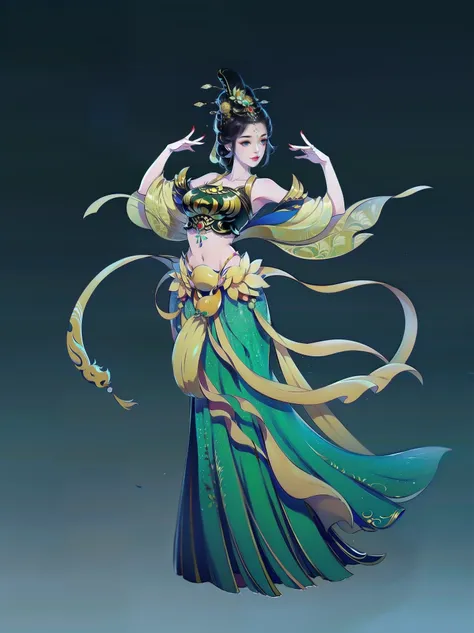 (masterpiece,super detailed,HD details,highly detailed art)1 girl,whole body,barefoot,Feitian,bare shoulders,Show belly,jewelry,xianxia,Gorgeous dance costumes,elegant,elegant,Highly detailed character designs from East Asia,Game character costume design,s...