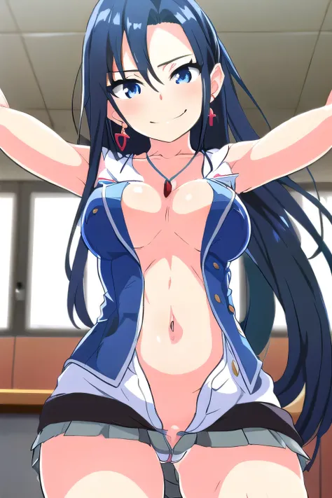 Ao Ohtori, 1girl, solo, long hair, blue hair, large breast, masterpiece, best quality, ((unbuttoned , cleavage, necklace, earrings, sexy body,
breasts)) , micro skirt, smiling, navel , exposed belly, exposed navel,(nsfw) not safe for work,school,
classroom...