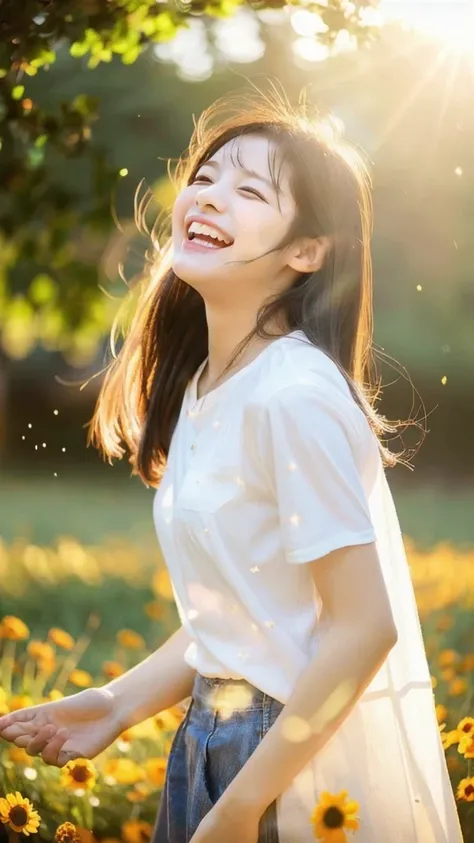 a girl with flowers in her hands, (huge Laughing:1.1), (open mouth:1.1), (wide open eyes:1.2), sun glare, blurry background, light particles, strong wind, (heart particles:1.1)