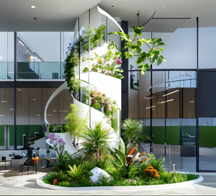 Sof trickle showcase, greenery and flowers in the centre of the office building, modern style design, curved glass walls, white metal profile frames, lush surrounding vegetation and bright daylight outside. This creates a fresh atmosphere. HD quality, high...