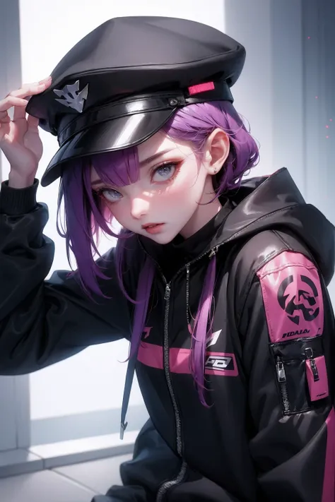 Beautiful woman medium hair, wearing cap, cyberpunk style short clothes