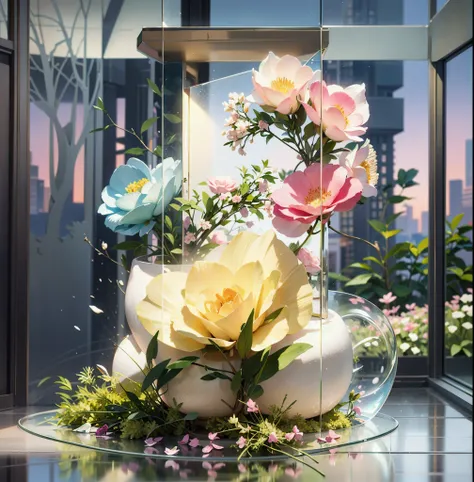 Please create an architectural rendering of a modern floral arrangement with pink and yellow roses, manzanita and grass in the base. The background should be glass windows, buildings, walls, "S" wrapped columns. HD quality, high detail, very detailed, deli...