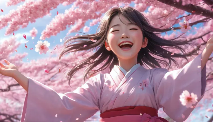 Ultra detailed, high resolution, digital art, anime style, a girl standing, with arms spread and eye closed, laughing, with a Sakura tree directly behind her, wind blowing, the girl is surrounded in cherry blossom petals, as it the cherry blossom petals ar...