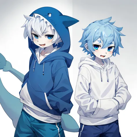 male shark, cute, bedroom, white backgrounds, blue skin blue eyes, sharp teeth, blue hoodie, shorts white pants,