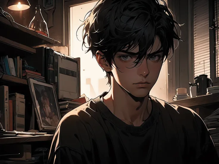 1boy,at home,with a furrowed brow,wanting to speak but unable to,cluttered home,illustration,ultra-detailed,HDR,highres,realistic lighting,dark and moody color tones,messy room,confusion and frustration