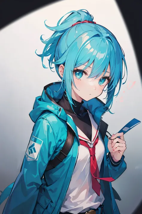 Drawing of a girl with blue hair and a blue jacket, rimuru, 2 d anime style, profile shot of rimuru tempest, rimuru tempest, 2 D Anime, Fubuki, full face shot of rimuru tempest, short hair, Anime girl with teal hair, 2d art, 2 d art, Ponytail Girl, Blue ti...