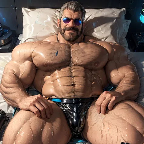 full body portrait, strong burly hairy mature older man(space captain), wearing futuristic captains uniform insignia (neon and black) (open and revealing) (latex) , gray hair, reflective sunglasses (neon yellow rims), broad shoulders, round belly, thick fe...