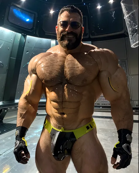 full body portrait, strong burly hairy mature older man(space captain), wearing futuristic captains uniform insignia (neon and black) (open and revealing) (latex) , gray hair, reflective sunglasses (neon yellow rims), broad shoulders, round belly, thick fe...