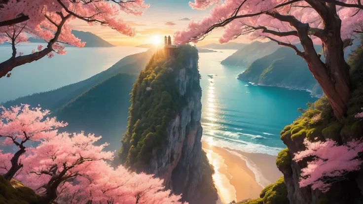 beatiful forest in japan, with pink sakura blossoms falling, sunset, the forest is on a cliff facing the ocean, sunset view, beautiful nature, the viewers perspective is such that we can see the ocean but also the sakura trees around us, 4k beauty, orange ...