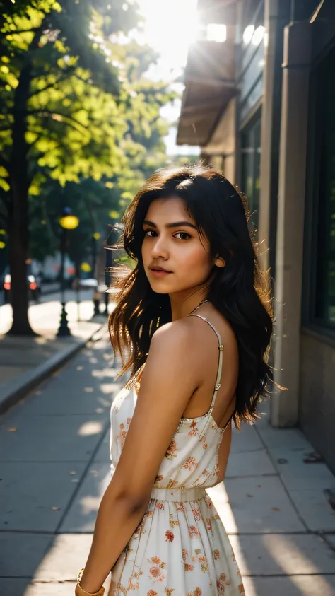 Naturally lit, full-length portrait, an Indian girl stands with a relaxed posture on an urban street. She gazes away from the camera, looking towards her right with a soft, contemplative expression. Her long hair, with subtle waves, cascades over her shoul...