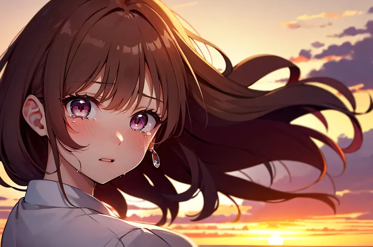 disorganized, High resolution, highest quality, 1 girl, beautiful face, detailed face, fine eyes, looking down, scenery, sunset, cloud, Wind, tears, shot from behind, white sweater