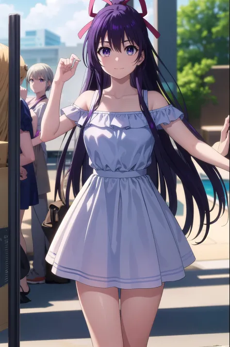 tohkayatogami, tohka yatogami casual, long hair, purple hair, alluringly smile, dress, ribbon, bare shoulders, (purple eyes:1.1), hair ribbon, ponytail, purple hair, white ribbon, off shoulder, armpits, g cup breast,bra strap, frills, dress, (blue dress:1....