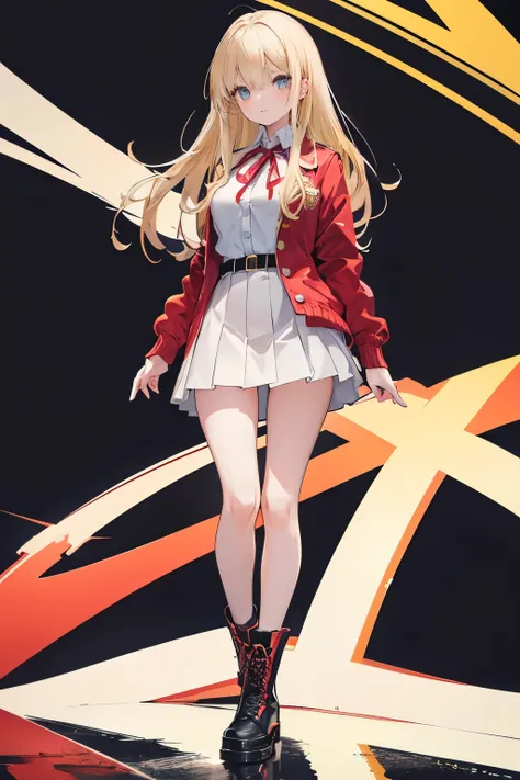 a pretty girl, full body, blonde hair, straight hair reaching mid-back, gray eyes, medium breasts, red school jacket with three yellow buttons, long sleeves, red lapels with yellow stripes on the edges, white planked miniskirt, black boots with laces Backg...