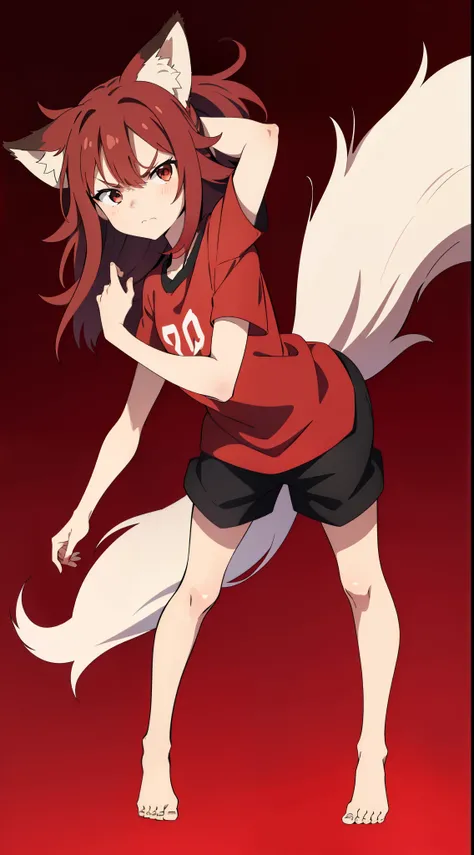 (1girl ,8 years old,small),angry face,red shirt,short sleeves,black shorts,red hair,long hair,messy hair,fox ears,full body,(White background),fox tail