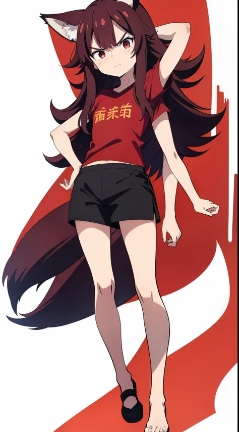 (1girl ,8 years old,small),angry face,red shirt,short sleeves,black shorts,red hair,long hair,messy hair,fox ears,full body,(White background),fox tail