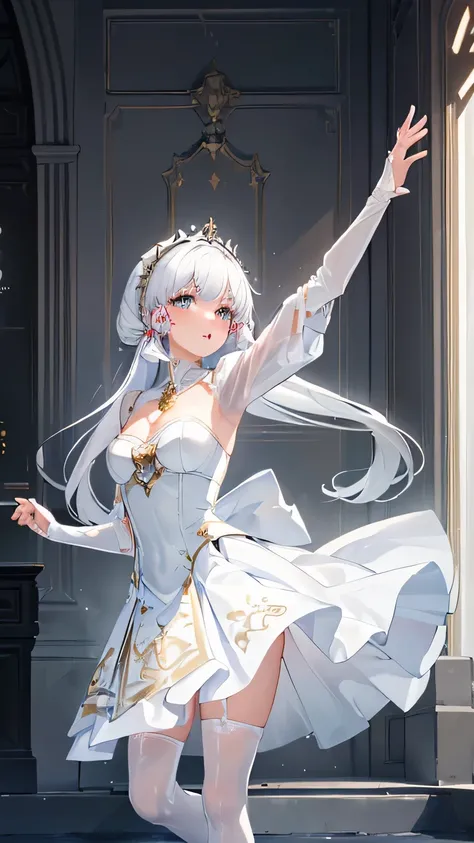 ((beautiful lighting, Best quality, 8K, Masterpiece: 1.3)), 1girl, Perfect body beauty: 1.4, elegant, Sweaty + wet skin,((white hair)), (White dress: 1.4), (Over the knee white stockings: 1.5), (long dress), Super Fine Face, lingerie, ((dancing in the dist...