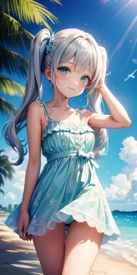 ２girl girl　silver long twin tails　cute little face　light blue detailed lace lingerie　summer seaside　short dress　Skirt in the wind　skirt lift　buckshot　Uplifting　dynamic pose　rich expression　smile　emerald green eyes