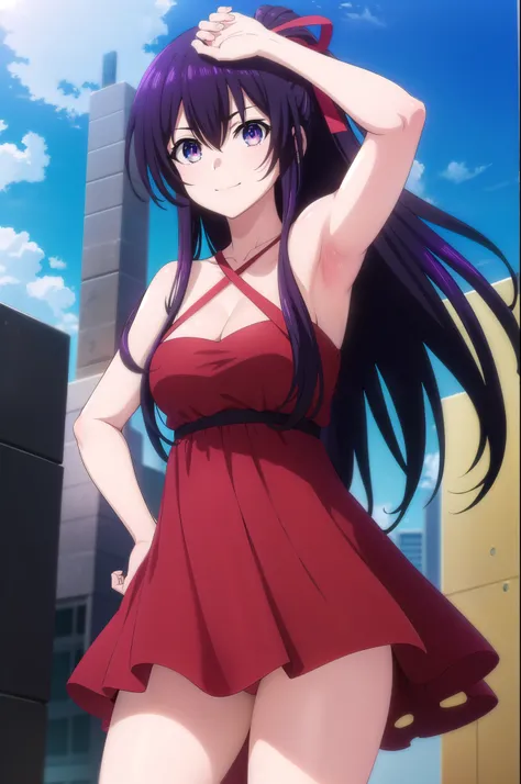 tohkayatogami, tohka yatogami casual, long hair, purple hair, alluringly smile, dress, bodycon mini dress, v neck , dress, ribbon, bare shoulders, (purple eyes:1.1), hair ribbon, ponytail, purple hair, white ribbon, off shoulder, armpits, g cup breast , cl...