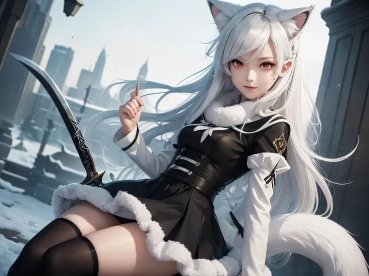 young woman ,height 155 centimeters ,breast size 1 ,ash white hair , fluffy ears with black tips ,white tail with black tip ,fox ,Someone ,cat , skirt ,stockings ,topic ,cat ears ,small ears ,Black Ear Tips,black tip of the tail , black ears ,черный foxий ...