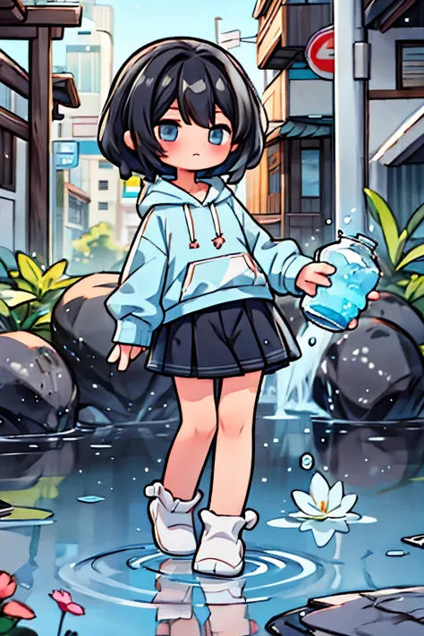 full body、black hair、Light blue only hoodie、black skirt、Have water