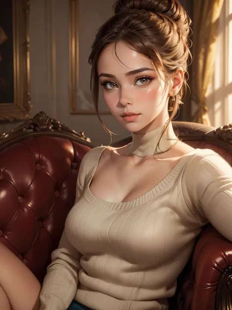 8K, best quality, masterpiece, ultra high resolution, (lifelike: 1.4), original photo, (Realistic skin texture: 1.3), (film grain: 1.3), (Selfie angle), 1 girl, a bun hairstyle, brown hair, sitting in a plush armchair, Hand supports chin thoughtfully, Beau...