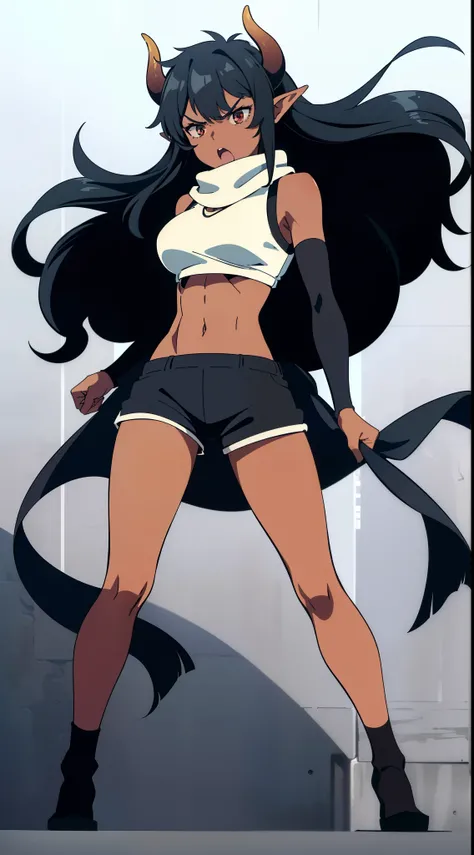 ((1girl,20s,solo,mature female,tall)),long hair, black hair,angry expression,horns,elf ears,white scarf,(dark skin),((black shorts, sports bra, midriff, short shorts)),((white background)),full body,