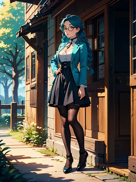 Masterpiece, best quality, 1_woman, full body, (Caucasian skin_complexion), mature, looking away from viewer, shy, acting coy, hand of hip, teal hair, long double hair braids, bright teal hair, diamond shaped eyes, glasses, large_bust, chest window, cleava...