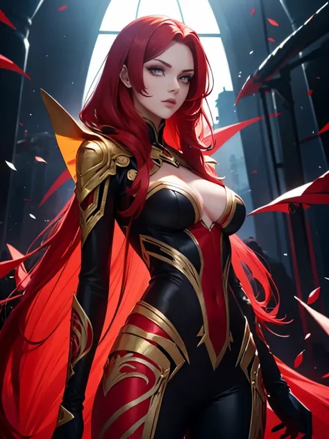 beautiful tall woman，Red hair，yellow eyes，Surreal，Detailed suit