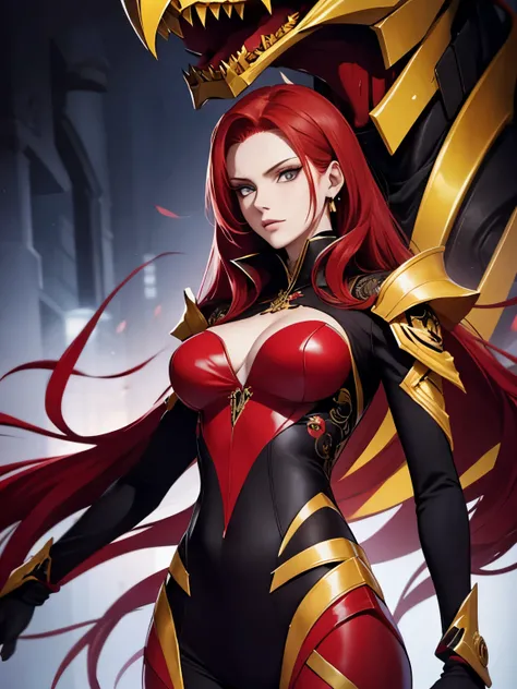 beautiful tall woman，Red hair，yellow eyes，Surreal，Detailed suit