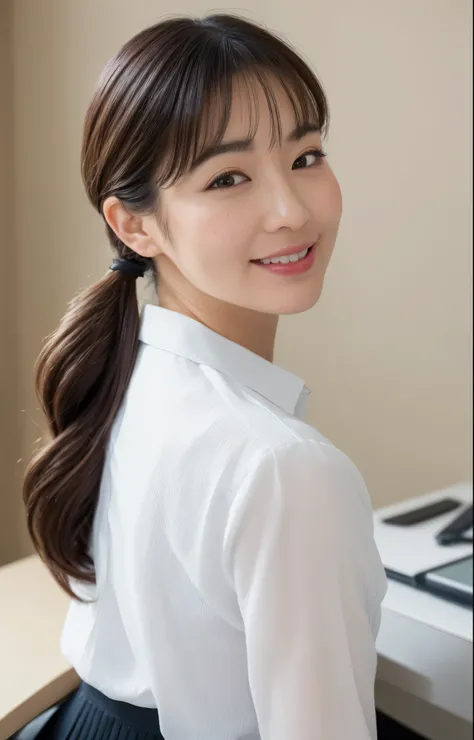 (Best quality, 8k, 32k, Masterpiece, UHD:1.2), from behind, 1 walking girl, beautiy Japanese office lady, (smile:0.5), (looking at the the viewer), 30 years old, bit chubby, white shirt, black skirt, office room, desk, detailed beautiful face, wavy pony-ta...