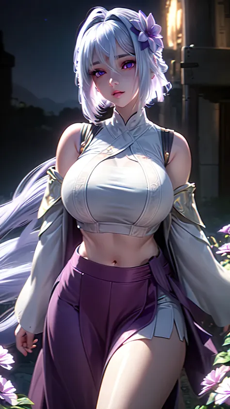 actual, 1 girl, white hair, purple eyes, glowing eyes, crop top, skirt, open lips, blush, night, flowers, sun, sunlight,