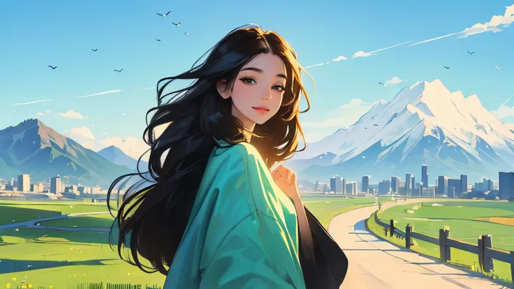 ((masterpiece)),(((bestquality))),((ultra-detailed)) realisticlying, 1 girl, Beautiful, black long hair, happy, The sky morning, looking to viewer, soft green, city, road, mountain. blue sky.