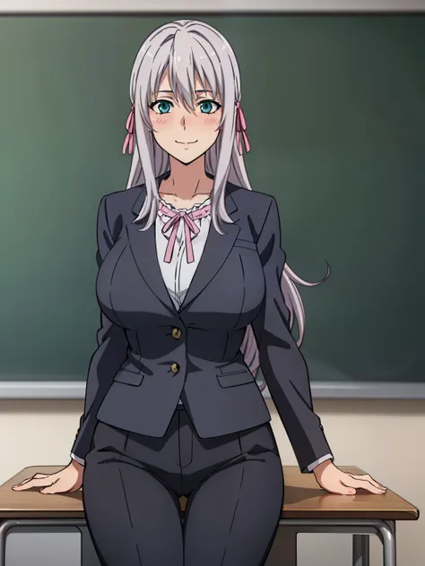 sitting at teacher chair, black suit, formal, pants, classroom background, rossweisse, (1 girl), anime cels style, best quality, high resolution, 1girl, (huge breasts:1.2), beautiful face, grey hair, aqua eyes, long hair, pink ribbon at hair, cowboy shot, ...