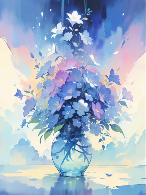 (best quality,highres,masterpiece:1.2),watercolor texture,blue artwork,vibrant colors,lots of flowers, intricate patterns,highly detailed,floral arrangement,creative design,artistic style,watercolor painting technique,shades of blue,ethereal lighting