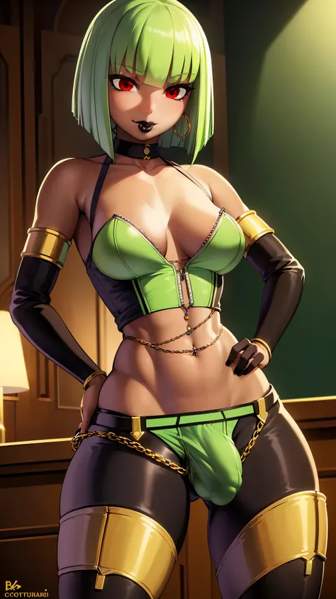 (solo:1.1),(masterpiece), (best quality:1.3), highly detailed, intricate, professional art, digital art, absurdres, confidant, emerald sustrai, futanari emerald sustrai wearing a green leotard detached sleeves and pants confidently posing with hand on hip ...