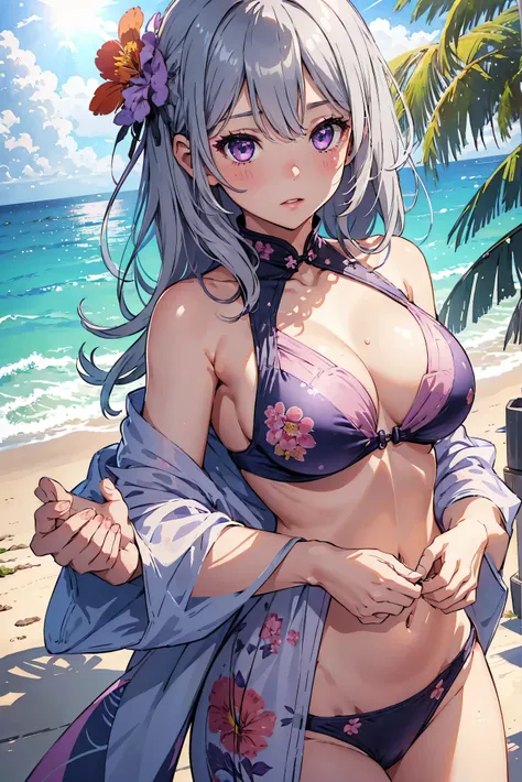 realistic, 1girl, gray hair, purple eyes, bright eyes, Cropped top, sexy bikini , parted lips, blush, Night, flowers, sun, sunlight, Cheongsam, Medium length hair, real, warm color, light color background color, Daytime environment, bright color background...