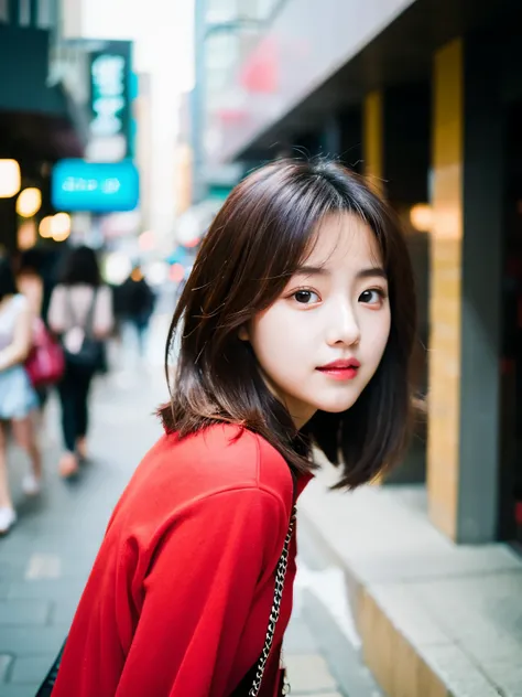 Highest image quality、cute、20 year old woman、Red clothes、Shooting from the side、Amateur photography、bob hair、Korean beauty、street snap、hand near face、Kim Chaewon、kpop