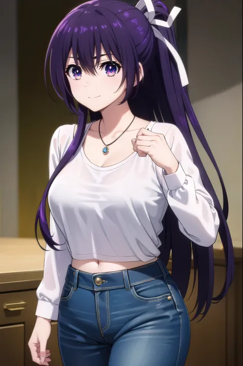 tohkayatogami, tohka yatogami casual, long hair, purple hair, alluringly smile, tight crop tops, white top, thin fabric ,see thr...