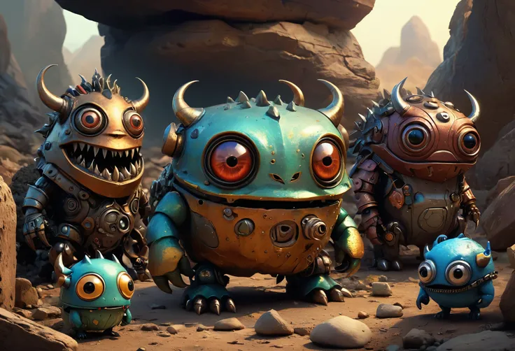 In the dilapidated world of a digital illustration, small, menacing creatures come to life with different emotions. Fashioned from rocks, iron, car scraps, and assorted technological debris, these monstrous figures exude a grotesque cute. Despite their dim...