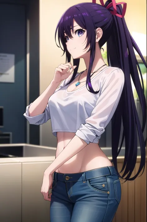 tohkayatogami, tohka yatogami casual, long hair, purple hair, alluringly smile, tight crop tops, white top, thin fabric ,see thr...