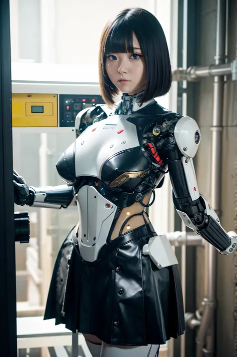 masterpiece, best quality, extremely detailed, Japaese android girl,Plump ,control panels,android,Droid,Mechanical Hand, Robot arms and legs,Blunt bangs,perfect robot girl,white robot body,mechanical neck,long tube,thick cable connected her neck,android,ro...