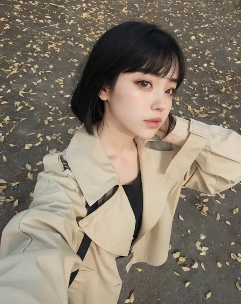 Arafed woman in trench coat taking a selfie with her cell phone, con pelo corto, ulzzang, she has black hair con flequillo, peinado de corte hime blanco, con flequillo, con pelo corto con flequillo, con flequillo completo, sun yunjoo, heonhwa choe, flequil...