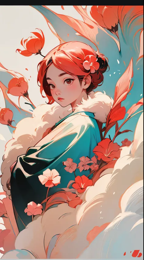 Hawaiian Asian Art and Illustration、poster、poster艺术，Sporty minimalist style，fuzzy form，female beauty，Light red and light black，life-like avian illustrations，close up，pastel gradients