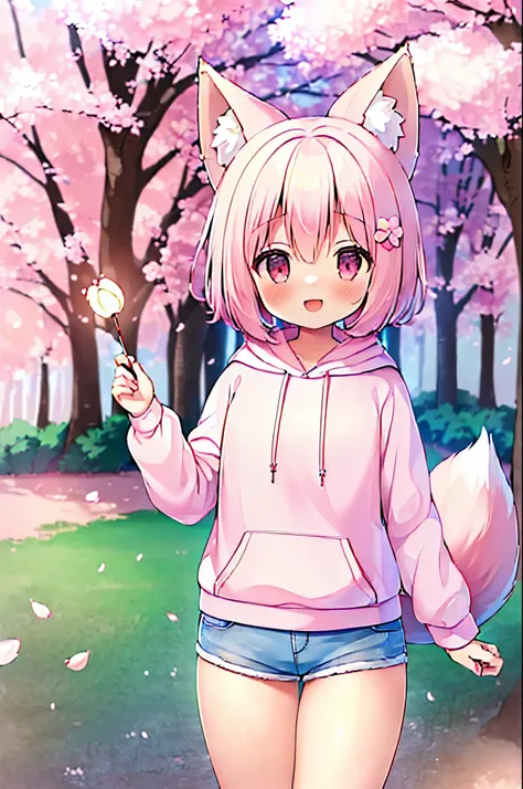 (masterpiece:1.5) (high quality:1.5), (beautiful:1.5), (((8K))), (High resolution:1.5), (1 girl:1.5), (pink short hair:1.4), pink short hair:1.4), (Pink fox tail:1.5), (pink fox ears and white tips), (pink eyes), (short shorts:1.3), (A cute light blue hood...